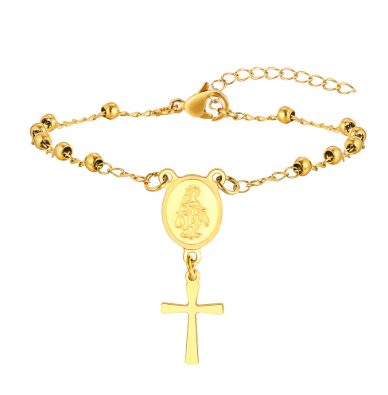 Pulseira religiosa Lúmen Wear modelo Clássico Dourado com medalha da Virgem Maria e cruz